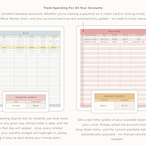 May include: A digital financial planning interface featuring two main tables labeled Bills and Move Money. The Bills table tracks expenses, while the Move Money table manages transfers. Includes Spending Search and Balance Search tools for data.