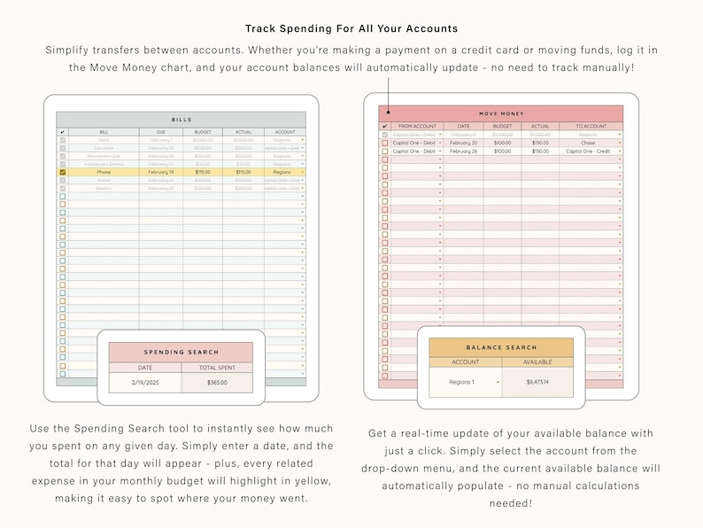 May include: A digital financial planning interface featuring two main tables labeled Bills and Move Money. The Bills table tracks expenses, while the Move Money table manages transfers. Includes Spending Search and Balance Search tools for data.
