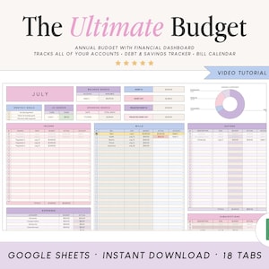 Op de afbeelding: Een digitaal budget-spreadsheet-sjabloon getiteld The Ultimate Budget, met een financieel dashboard met secties voor inkomsten, rekeningen, spaargeld en uitgaven, inclusief een cirkeldiagram en een banner voor een video-tutorial.