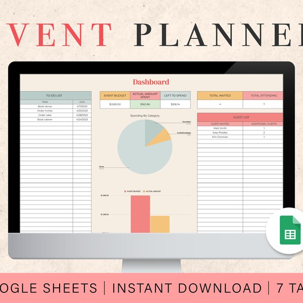 Event Planner Spreadsheet | Google Sheets Spreadsheet Template | Digital Party Planner