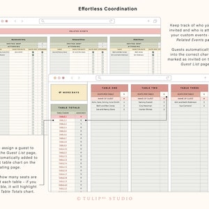 May include: A digital planner template for wedding planning with a light pink and green color scheme. The template includes a guest list, seating chart, and table totals. The text "Effortless Coordination" is at the top of the page.