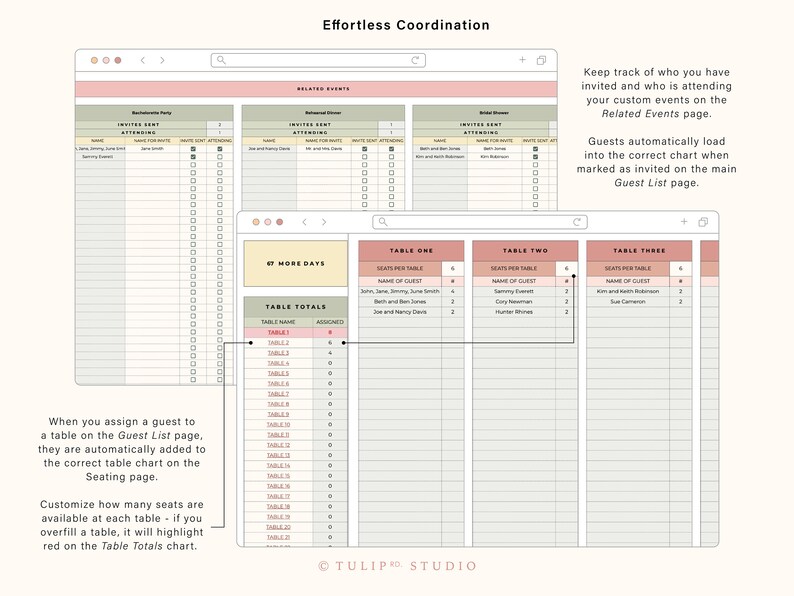 May include: A digital planner template for wedding planning with a light pink and green color scheme. The template includes a guest list, seating chart, and table totals. The text "Effortless Coordination" is at the top of the page.