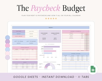 May include: A digital budget planner template titled The Paycheck Budget, designed for Google Sheets. The interface features pastel purple, pink, and blue sections for tracking pay dates, fixed and variable expenses, savings, debts, and bills.