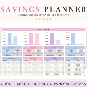 Könnte beinhalten: Eine Google Sheets-Tabellenvorlage für einen Sparplan. Die Vorlage enthält vier Abschnitte: Weihnachtsfonds, Urlaubsfonds, Neues Sofa und Neues Bett. Jeder Abschnitt enthält ein Balkendiagramm, eine Tabelle mit Startdatum, Frist, Ziel, bisher gespart, verbleibende Tage und Sparquote sowie eine Tabelle mit Betrag und Datum.