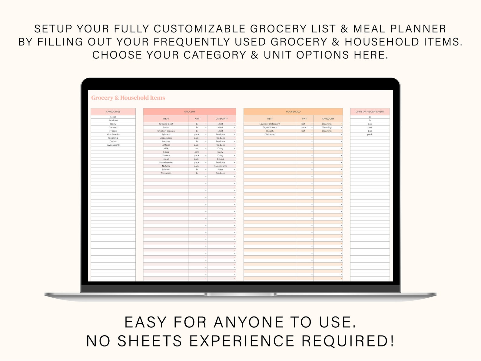 Digital Grocery List & Meal Planner Google Sheets Spreadsheet Template