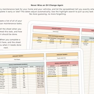 Puede incluir: Hoja de c&aacute;lculo digital en una tableta, dise&ntilde;ada para el seguimiento del mantenimiento del hogar y de los veh&iacute;culos. Incluye un programa de mantenimiento, un registro y una funci&oacute;n de b&uacute;squeda. El texto dice "Never Miss an Oil Change Again."