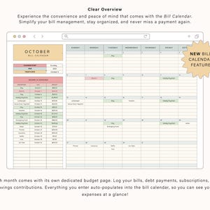 May include: A digital bill calendar interface for October 2024, featuring a monthly grid layout, an income and expenses table, and a star-shaped badge labeled NEW BILL CALENDAR FEATURE. The layout includes columns for days of the week.