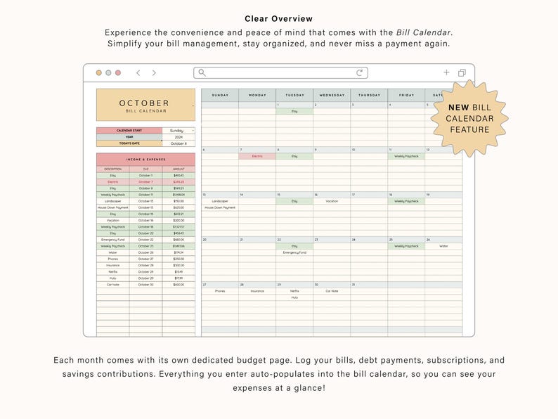 May include: A digital bill calendar interface for October 2024, featuring a monthly grid layout, an income and expenses table, and a star-shaped badge labeled NEW BILL CALENDAR FEATURE. The layout includes columns for days of the week.