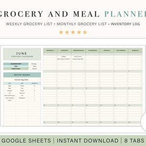 May include: A digital grocery and meal planner displayed on a tablet. The planner includes sections for a weekly grocery list, monthly grocery list, and inventory log. The screen shows a calendar for June with a recipe search function. The text "GOOGLE SHEETS | INSTANT DOWNLOAD | 8 TABS" is at the bottom.