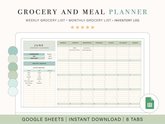 Digital Grocery List & Meal Planner | Meal Prep Template for Google Sheets