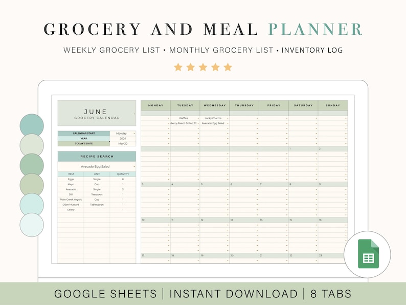 May include: A digital grocery and meal planner displayed on a tablet. The planner includes sections for a weekly grocery list, monthly grocery list, and inventory log. The screen shows a calendar for June with a recipe search function. The text "GOOGLE SHEETS | INSTANT DOWNLOAD | 8 TABS" is at the bottom.
