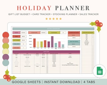 Może przedstawiać: Cyfrowy planer dla Google Sheets z czterema kartami: Panel prezentów, Lista prezentów, Planer skarpet i Śledzenie sprzedaży. Karta Panel prezentów zawiera śledzenie budżetu, odliczanie do świąt i listę osób, dla których należy kupić prezenty. Karta Lista prezentów zawiera listę prezentów, sklepów, kosztów, metod dostawy i notatek. Karta Planer skarpet zawiera listę wypełniaczy do skarpet. Karta Śledzenie sprzedaży zawiera listę sprzedaży i wydatków.