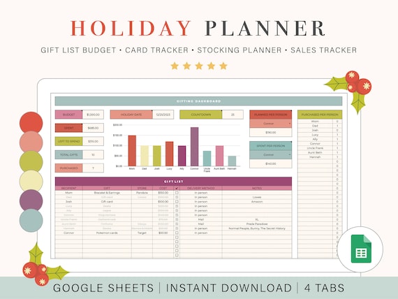 Holiday Planner | Christmas Gift Tracker | Gift Tracking Spreadsheet | Google Sheets | Gift Planner | Holiday Gift Tracking Spreadsheet