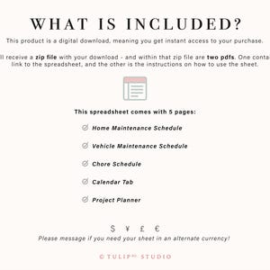 Puede incluir: Descripci&oacute;n de un producto de descarga digital con el t&iacute;tulo "&iquest;QU&Eacute; INCLUYE?". El texto explica que el producto es una descarga digital con un archivo zip que contiene dos archivos PDF. La hoja de c&aacute;lculo incluye 5 p&aacute;ginas: Mantenimiento del hogar, Mantenimiento del veh&iacute;culo, Tareas, Calendario y Planificador de proyectos.