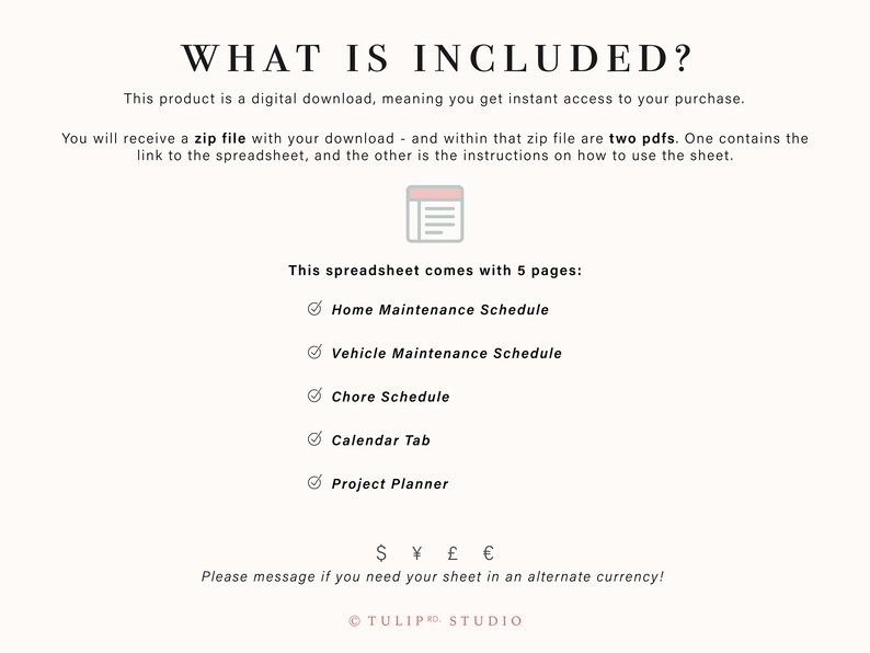 Puede incluir: Descripci&oacute;n de un producto de descarga digital con el t&iacute;tulo "&iquest;QU&Eacute; INCLUYE?". El texto explica que el producto es una descarga digital con un archivo zip que contiene dos archivos PDF. La hoja de c&aacute;lculo incluye 5 p&aacute;ginas: Mantenimiento del hogar, Mantenimiento del veh&iacute;culo, Tareas, Calendario y Planificador de proyectos.
