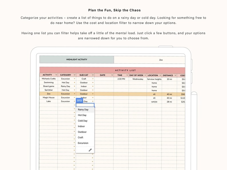 May include: A digital tablet displays a spreadsheet with activity categories and filters. The text "Plan the Fun, Skip the Chaos" is at the top. The spreadsheet includes columns for activity, category, sub-category, date, time, day of week, location, distance, and cost.
