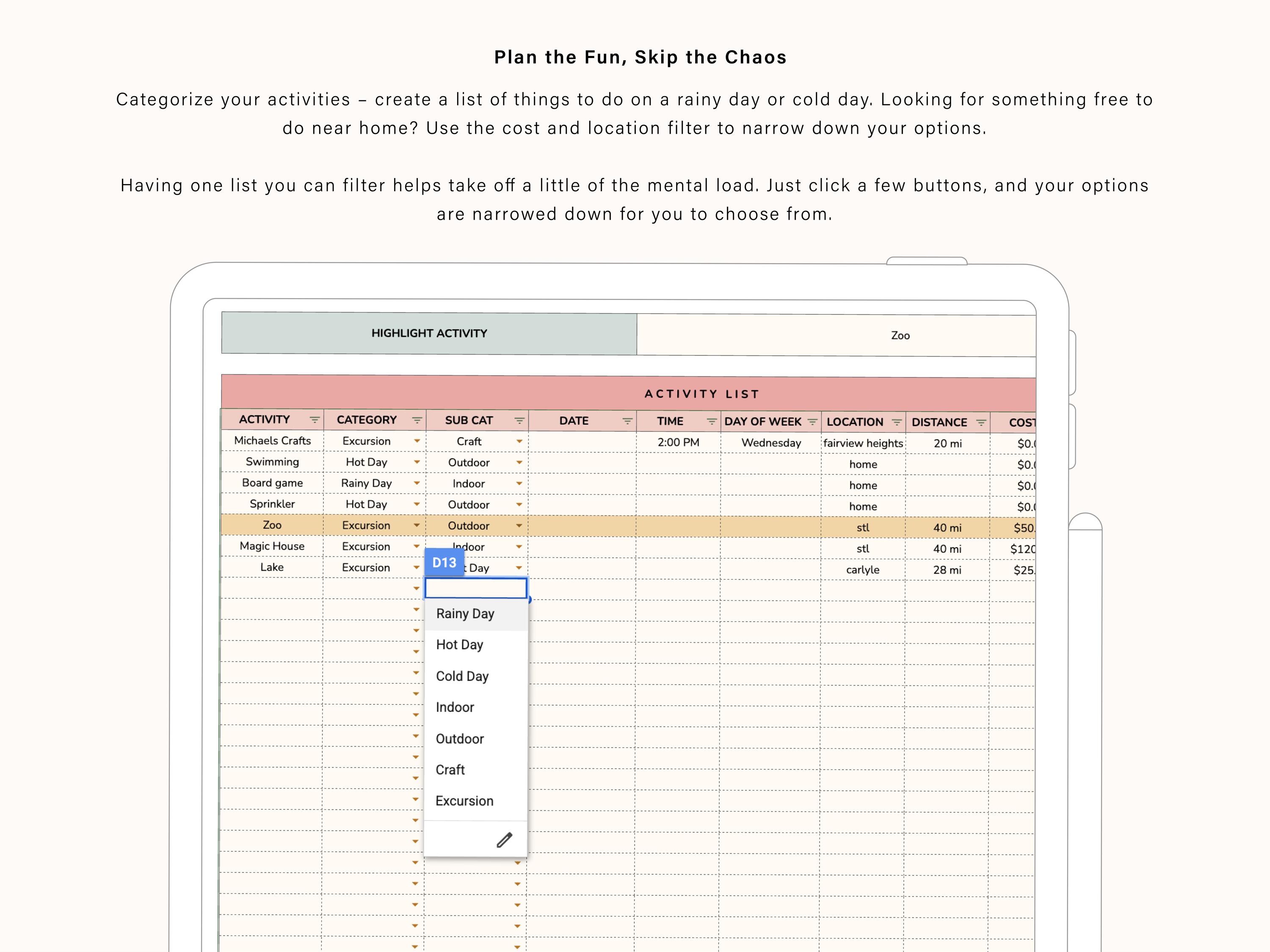 Activity Planner Spreadsheet | Google Sheets Template (digital Download ...