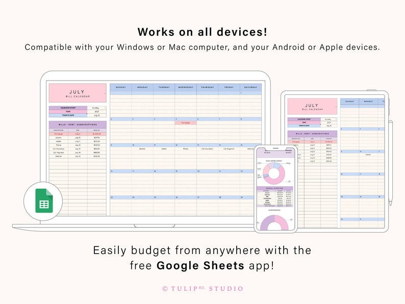 May include: A digital budget planner template for Google Sheets displayed on a laptop, tablet, and smartphone. The interface features a July bill calendar, a bills and debt subscription table, and a pie chart for financial tracking in pastel colors.