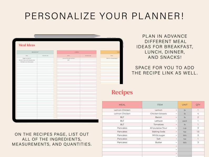 Digital Grocery List & Meal Planner Google Sheets Etsy