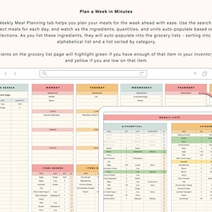 May include: A digital planner for meal planning with a weekly meal planning tab, recipe search, and grocery lists. The planner has a light pink, light blue, and light yellow color scheme. The planner is open to the weekly lists page, which shows two lists: alphabetical and by category. The lists are organized in a table format with columns for item, quantity, unit, and category.