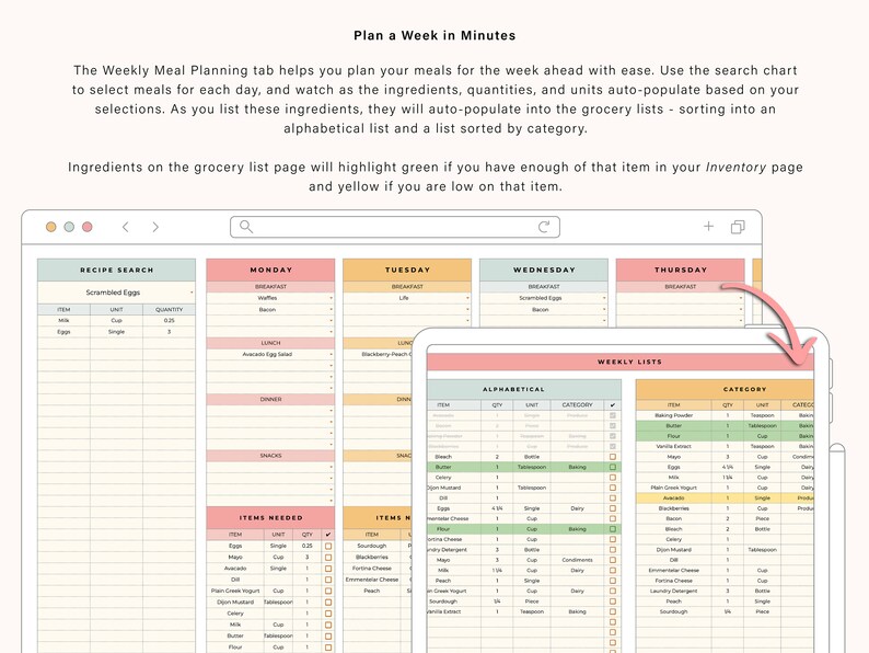 May include: A digital planner for meal planning with a weekly meal planning tab, recipe search, and grocery lists. The planner has a light pink, light blue, and light yellow color scheme. The planner is open to the weekly lists page, which shows two lists: alphabetical and by category. The lists are organized in a table format with columns for item, quantity, unit, and category.