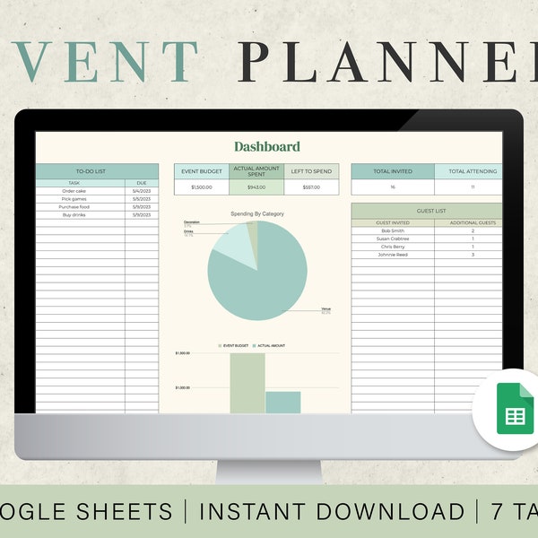 Event Planner Spreadsheet | Google Sheets Spreadsheet Template | Digital Party Planner