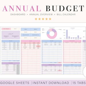 Annual Budget Spreadsheet for Google Sheets Spending Tracker Bill Tracker Google Sheets Yearly Budget Planner for Digital Budget