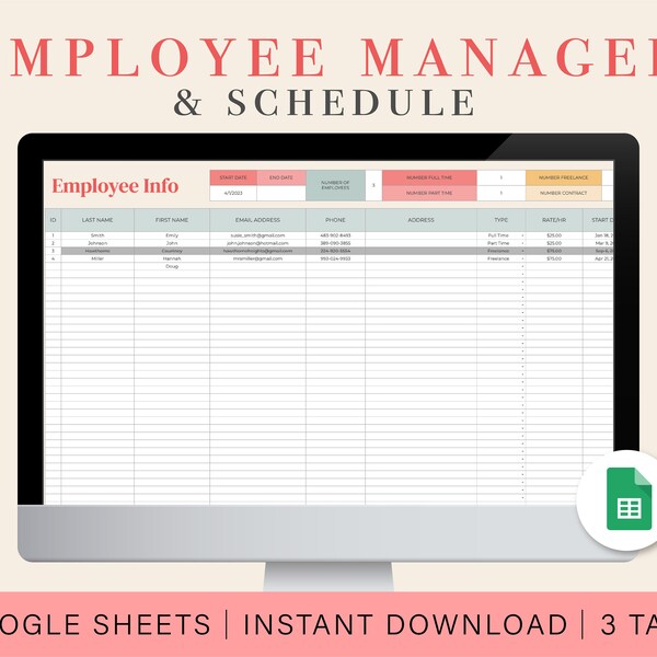 Employee Info and Absence Tracker | Monthly Employee Schedule | Business Manager Spreadsheet Template | Google Sheets