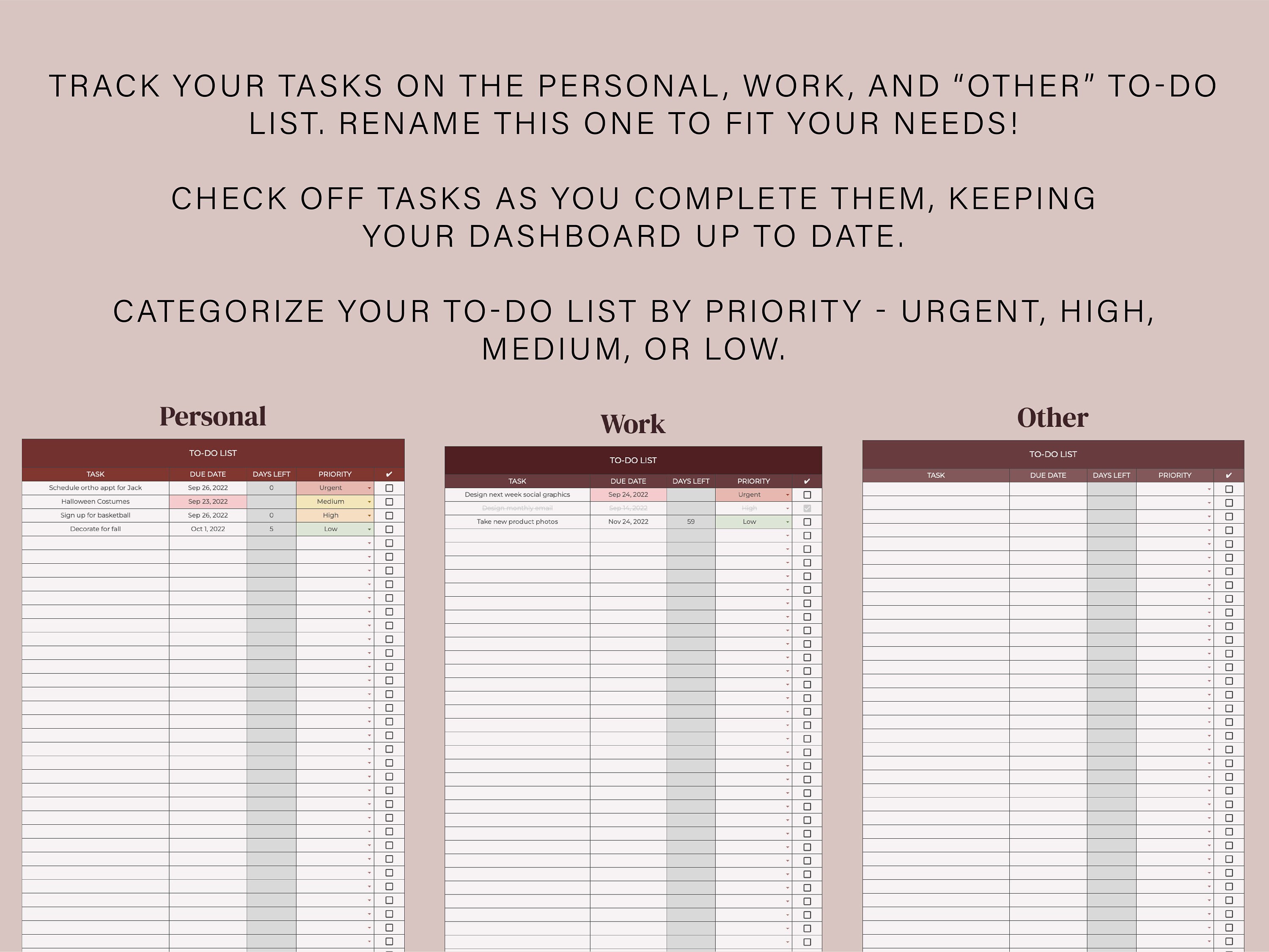 Task Tracking Spreadsheet | Task Planner | Digital to Do List | Google ...