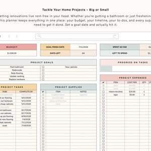 Puede incluir: Planificador digital de proyectos dom&eacute;sticos con secciones para presupuesto, objetivos, tareas y suministros. El planificador incluye el texto "Tackle Your Home Projects - Big or Small" y un presupuesto de ejemplo de 1.500,00 &euro;.