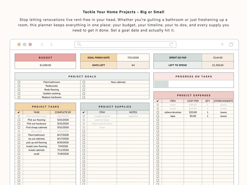 Puede incluir: Planificador digital de proyectos dom&eacute;sticos con secciones para presupuesto, objetivos, tareas y suministros. El planificador incluye el texto "Tackle Your Home Projects - Big or Small" y un presupuesto de ejemplo de 1.500,00 &euro;.