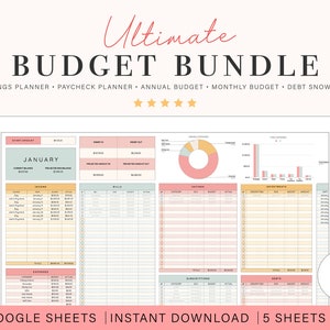 Modello di foglio di calcolo del pacchetto di budget per Fogli Google Foglio di calcolo / Budget annuale / Budget mensile / Pianificatore di risparmio / Budget della busta paga