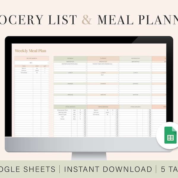 Digital Grocery List & Meal Planner | Google Sheets | Spreadsheet Template | Weekly Meal Planning | Family Meal Planner | Meal Prep