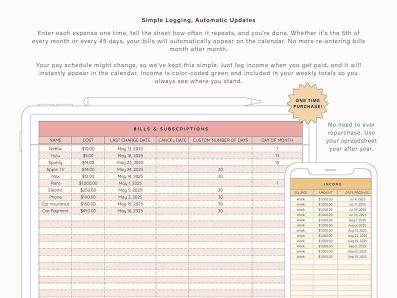 May include: A digital spreadsheet displayed on a tablet and smartphone, showcasing expense tracking and income logging. The tablet displays a pink-themed bill tracker with subscription costs. The phone shows income details. Text reads "Simple Logging, Automatic Updates."