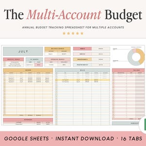 May include: A digital spreadsheet titled The Multi-Account Budget for annual tracking. The interface features sections for income, bills, savings, and expenses with a pie chart, color-coded in soft pink, yellow, and sage green tones.
