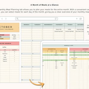 May include: A digital calendar app for meal planning with a monthly view. The app includes a grocery list and recipe search feature. The calendar is for October 2023 and includes a list of meals for each day of the month. The app also includes a list of household items.