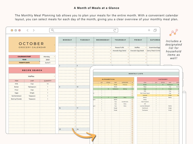 May include: A digital calendar app for meal planning with a monthly view. The app includes a grocery list and recipe search feature. The calendar is for October 2023 and includes a list of meals for each day of the month. The app also includes a list of household items.