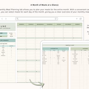 May include: A digital meal planning template displayed on a laptop and tablet. The laptop screen shows a monthly grocery calendar for June, with a recipe search section. The tablet displays a list of household items. The text reads "A Month of Meals at a Glance."