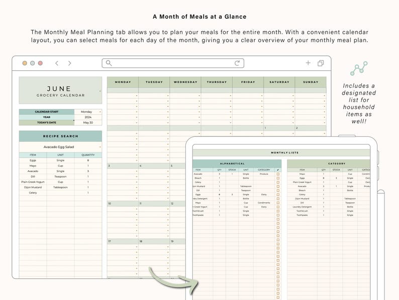 May include: A digital meal planning template displayed on a laptop and tablet. The laptop screen shows a monthly grocery calendar for June, with a recipe search section. The tablet displays a list of household items. The text reads "A Month of Meals at a Glance."