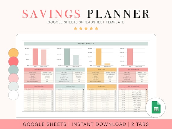 Digital Savings Planner to Reach Financial Goals Savings Tracking Spreadsheet Template for Google Sheets