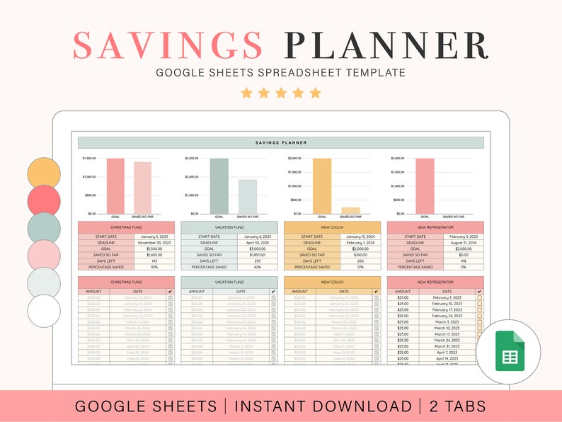 Puede incluir: Una plantilla digital de planificador de ahorro que se muestra en una pantalla de tableta. La plantilla presenta gr&aacute;ficos y tablas para el seguimiento de objetivos financieros, con el texto "Savings Planner" y "Google Sheets Spreadsheet Template". La combinaci&oacute;n de colores incluye rosa, verde y amarillo.