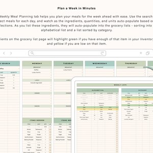 May include: Digital meal planning template with a light green and white color scheme. The template includes sections for recipe search, daily meal planning, and grocery lists. Text on the screen reads "Plan a Week in Minutes."