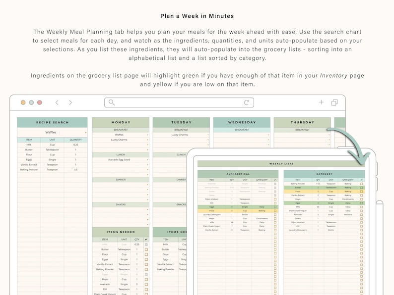 May include: Digital meal planning template with a light green and white color scheme. The template includes sections for recipe search, daily meal planning, and grocery lists. Text on the screen reads "Plan a Week in Minutes."