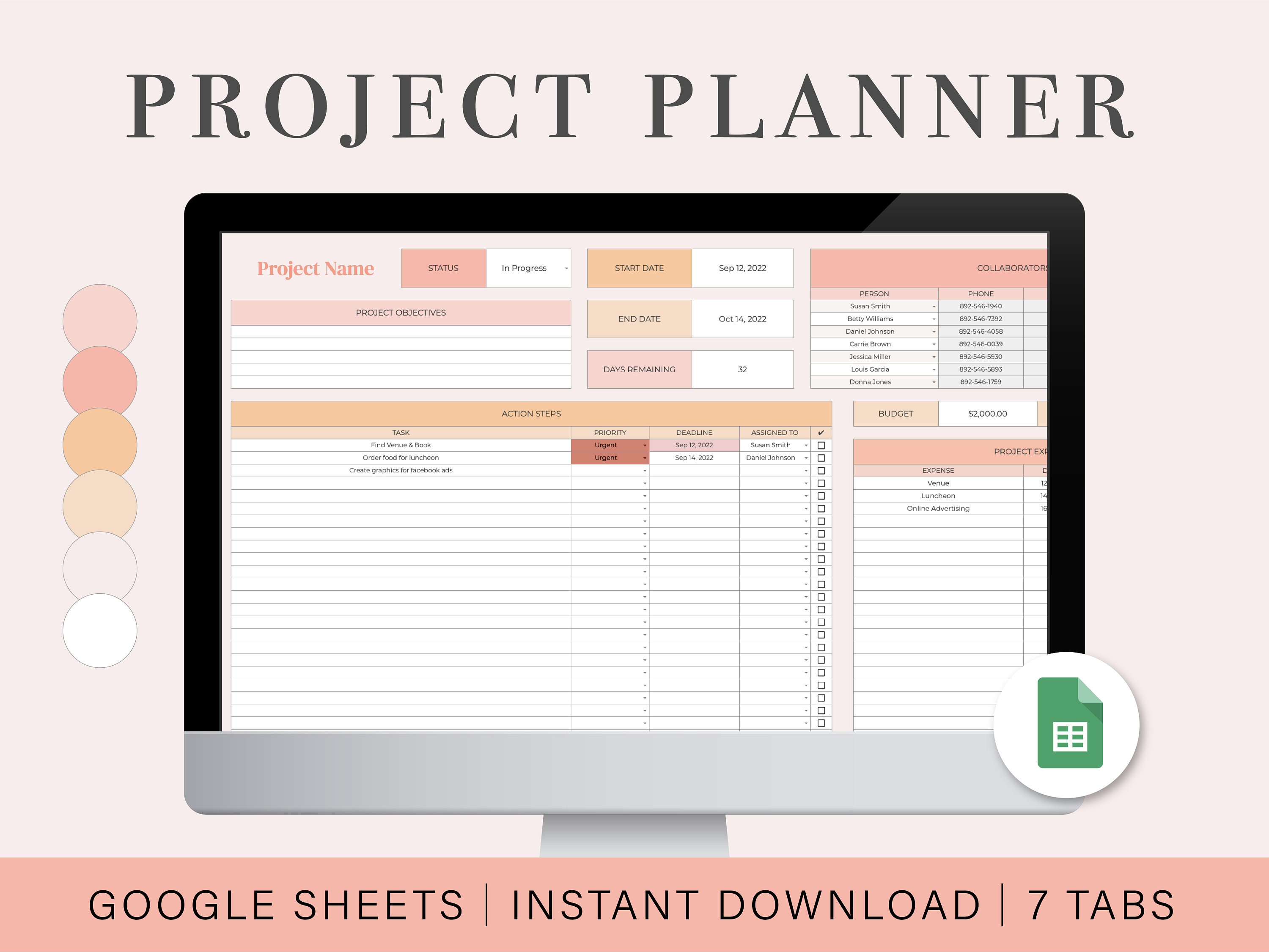 Project Management Planner Spreadsheet | Small Business Project Tracker | Personal Project Planner | Project Management | Google Sheets