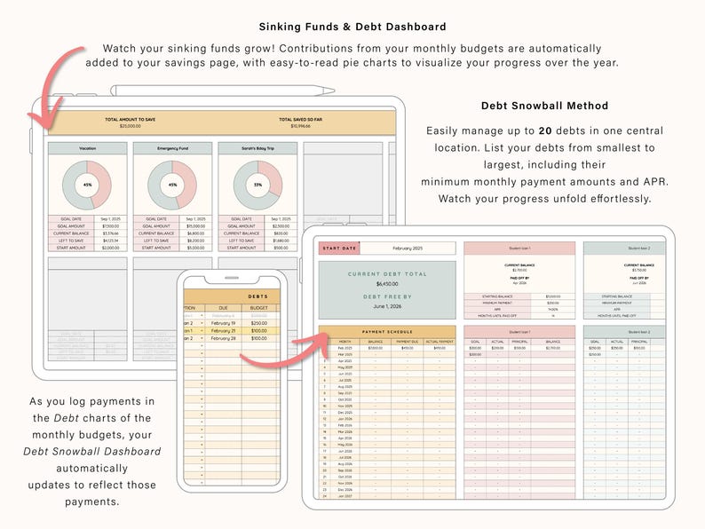 May include: A digital financial planning dashboard displayed on a tablet and smartphone, featuring a Sinking Funds & Debt Dashboard with pie charts, a Debt Snowball Method tracker, and tables for tracking monthly payments, balances, and APR.