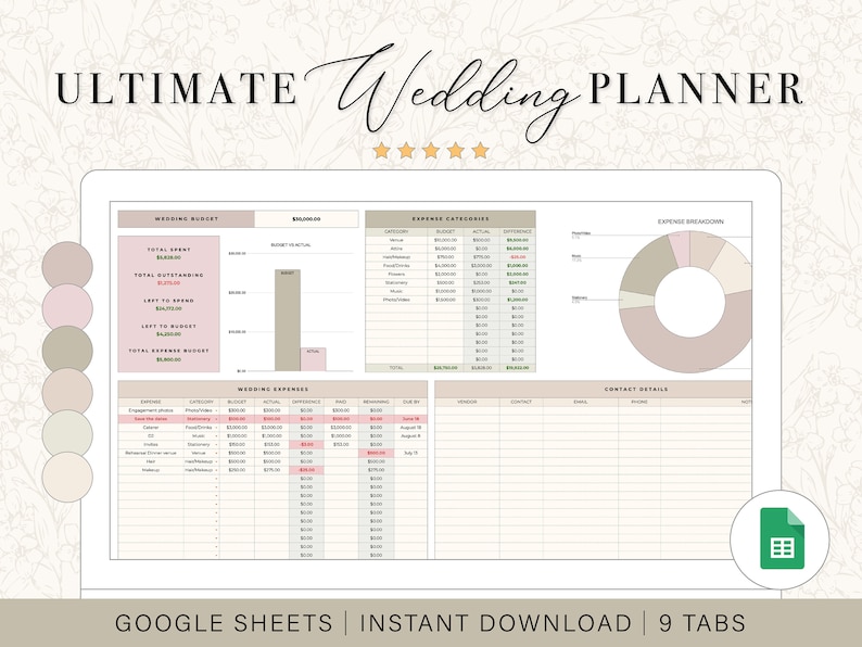 May include: A digital wedding planner template in Google Sheets with nine tabs. The template includes a wedding budget, expense categories, expense breakdown, and contact details. The template is designed to help couples plan their wedding and track their expenses.