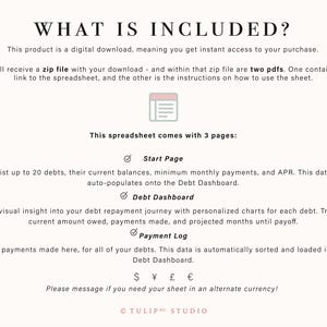 May include: A digital spreadsheet product information graphic titled WHAT IS INCLUDED. It details a zip file containing two PDFs, a Start Page for 20 debts, a Debt Dashboard for visual repayment insights, and a Payment Log. Currency symbols are shown.