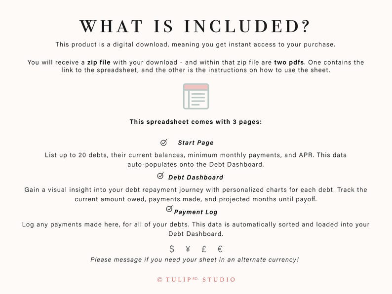 May include: A digital spreadsheet product information graphic titled WHAT IS INCLUDED. It details a zip file containing two PDFs, a Start Page for 20 debts, a Debt Dashboard for visual repayment insights, and a Payment Log. Currency symbols are shown.