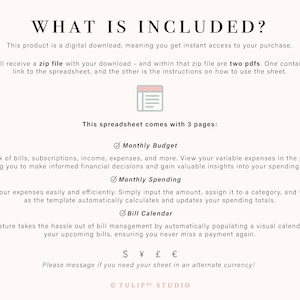 May include: A digital download for a budgeting spreadsheet with three pages: Monthly Budget, Monthly Spending, and Bill Calendar. The spreadsheet helps track bills, subscriptions, income, expenses, and more. It also includes a pie chart to visualize expenses and a calendar to track bills.