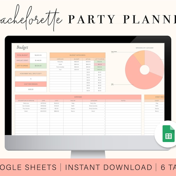 Bachelorette Party Planning Spreadsheet | Bachelorette Trip Planner | Google Sheets Spreadsheet Template